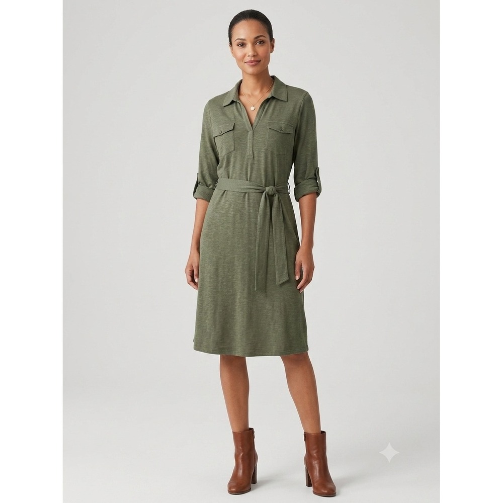 J. Jill Gorpcore Quiet Luxury Green Cotton Slub Knit Roll-Tab Belted Dress L NWT